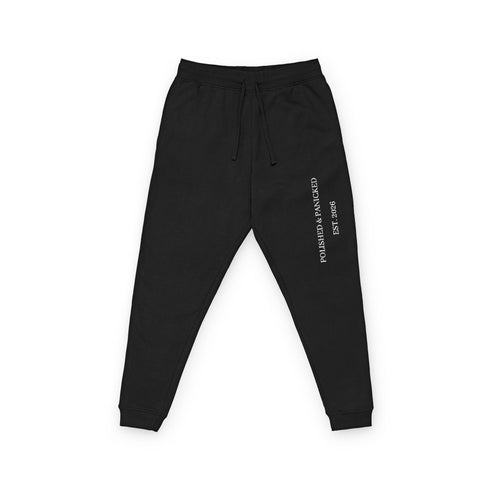Embroidered Vertical Script Joggers — Cozy Fleece Sweatpants with Side Text