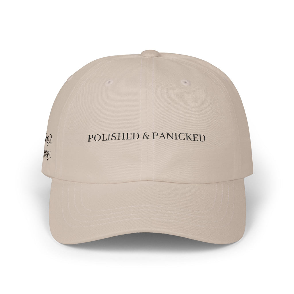 Polished & Panicked Dad Cap | White Baseball Hat, Minimal Script Embroidery